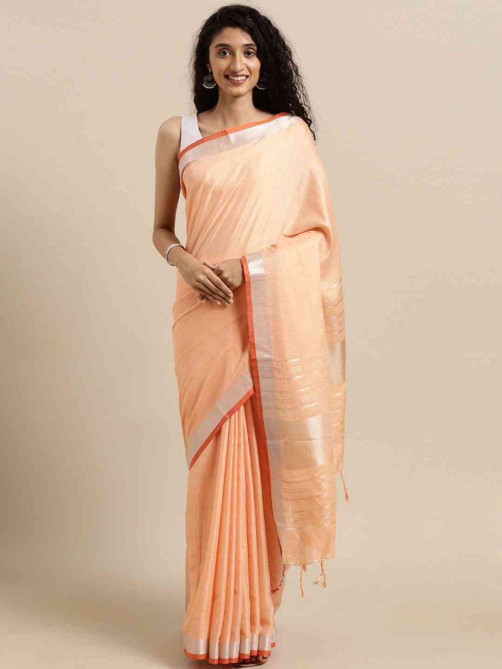 Orange Colour Solid Linen Saree With Zari Border