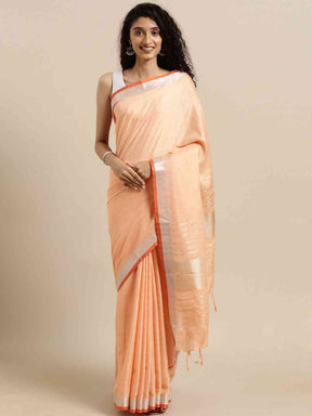 Orange Colour Solid Linen Saree With Zari Border