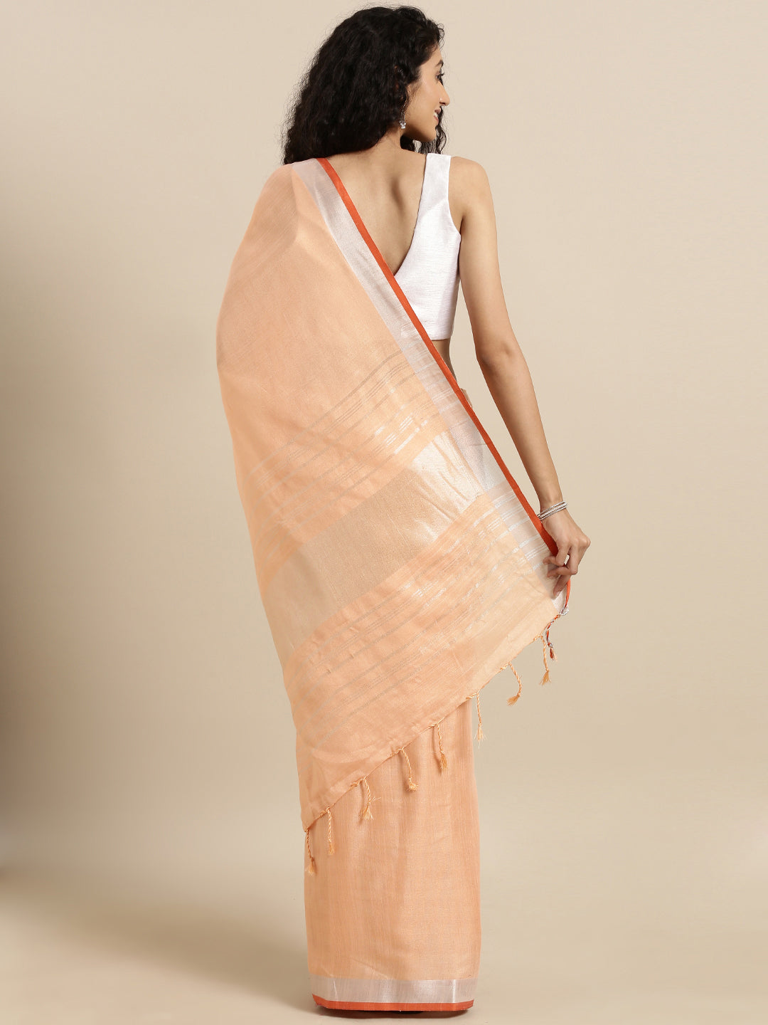 Orange Colour Solid Linen Saree With Zari Border
