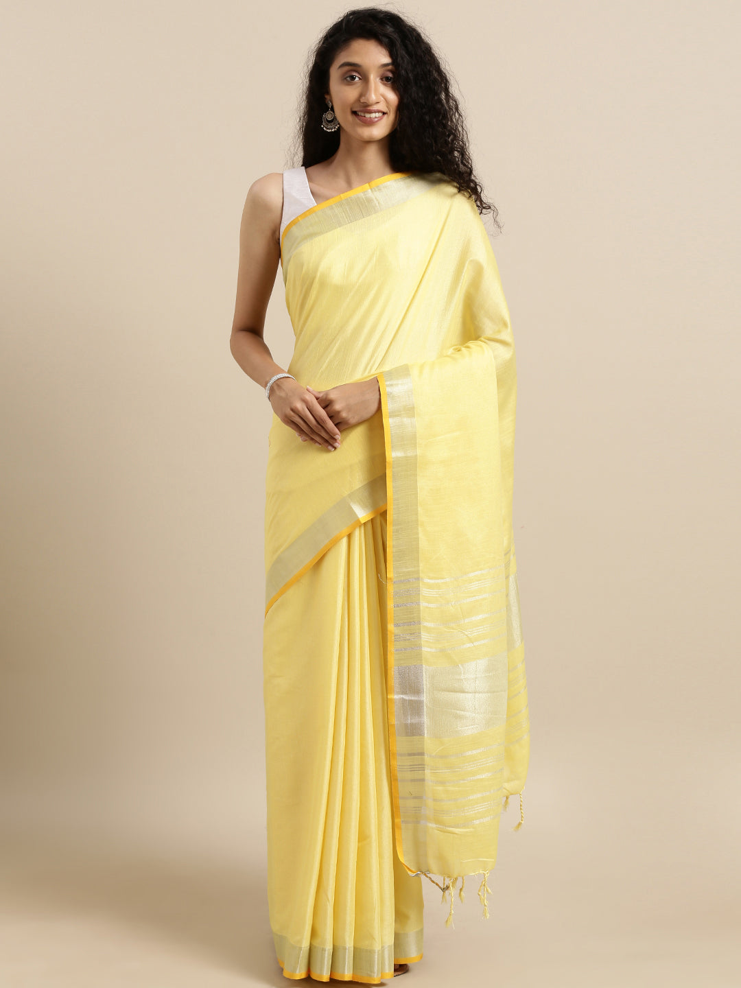 Stylish Yellow Colour Solid Linen Saree with Zari Border