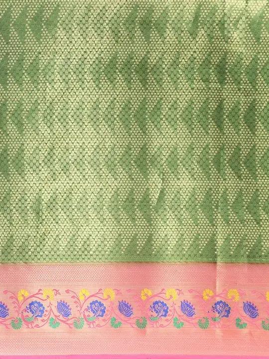 Kora Silk Banarasi Digital Print Saree In Green Colour