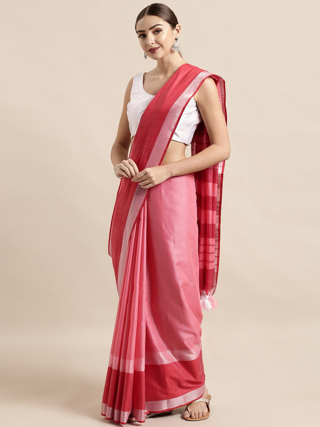 Stylish Pink Colour Solid Linen Saree With Zari Border