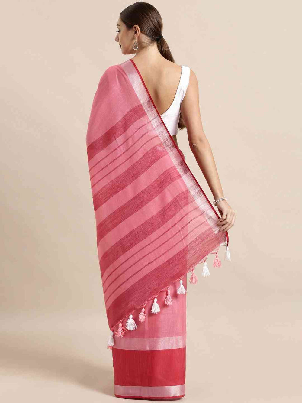 Stylish Pink Colour Solid Linen Saree With Zari Border