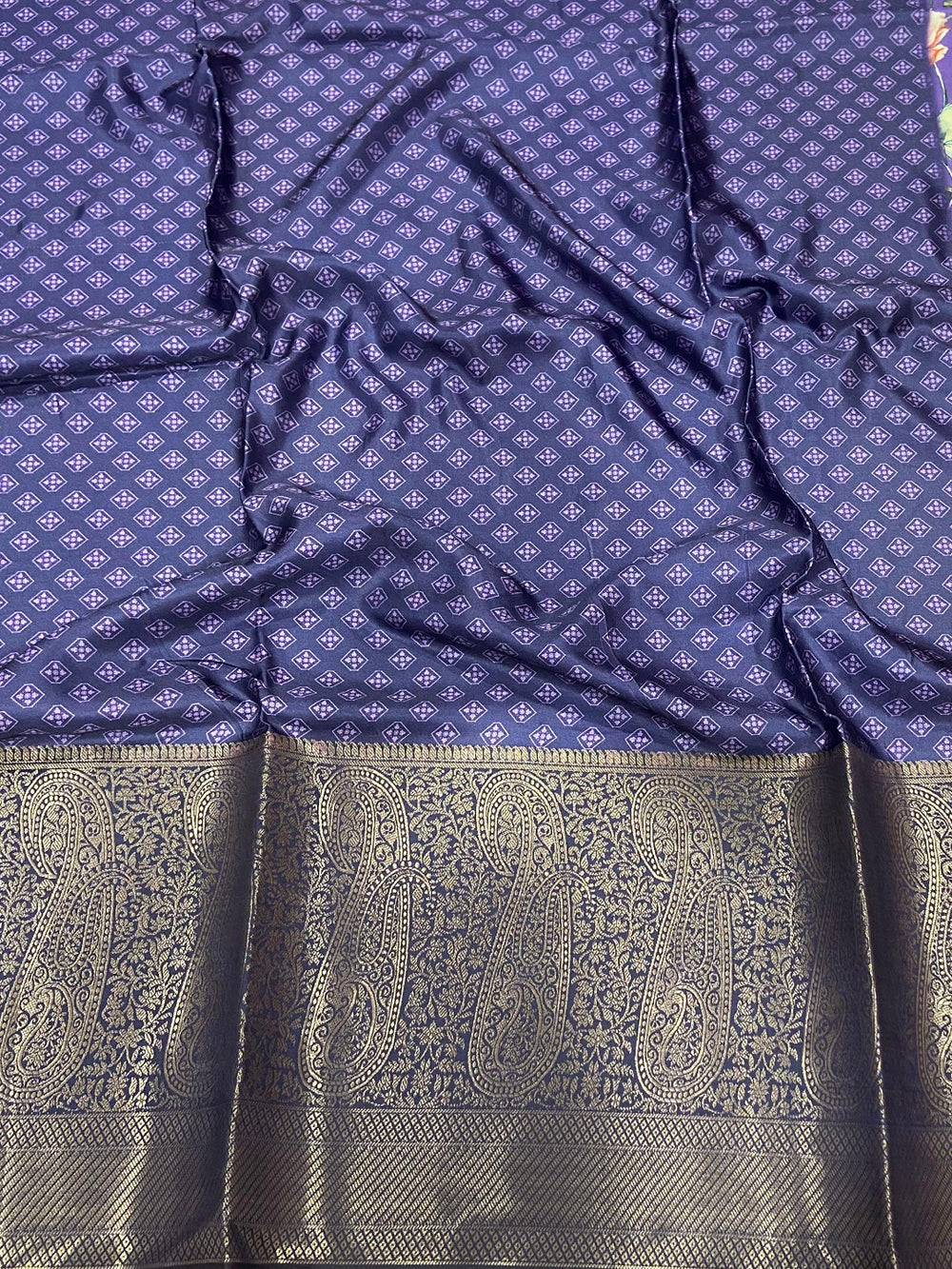 Iris Purple Satin Silk Floral Print Saree