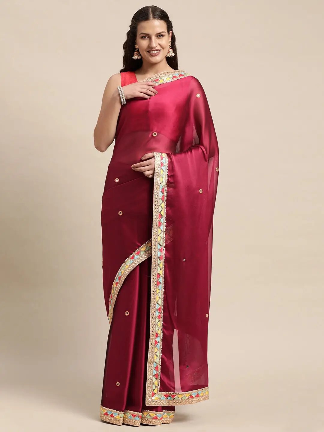 Stylish Poly Crepe Wine Colour Embroidered Saree 