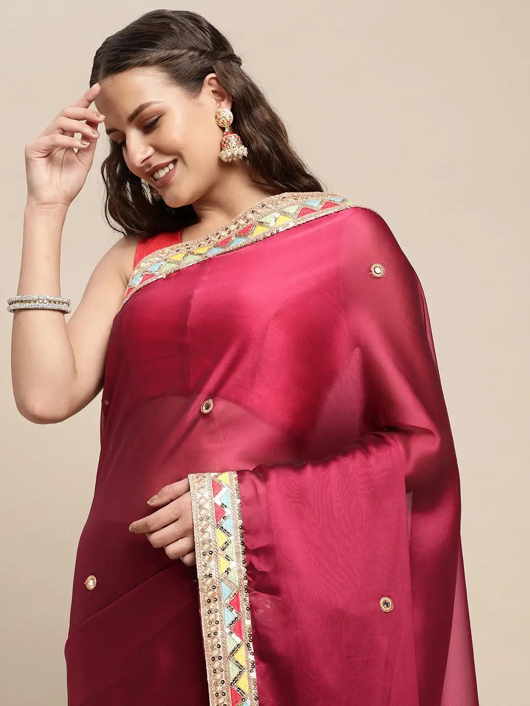 Stylish Poly Crepe Wine Colour Embroidered Saree 