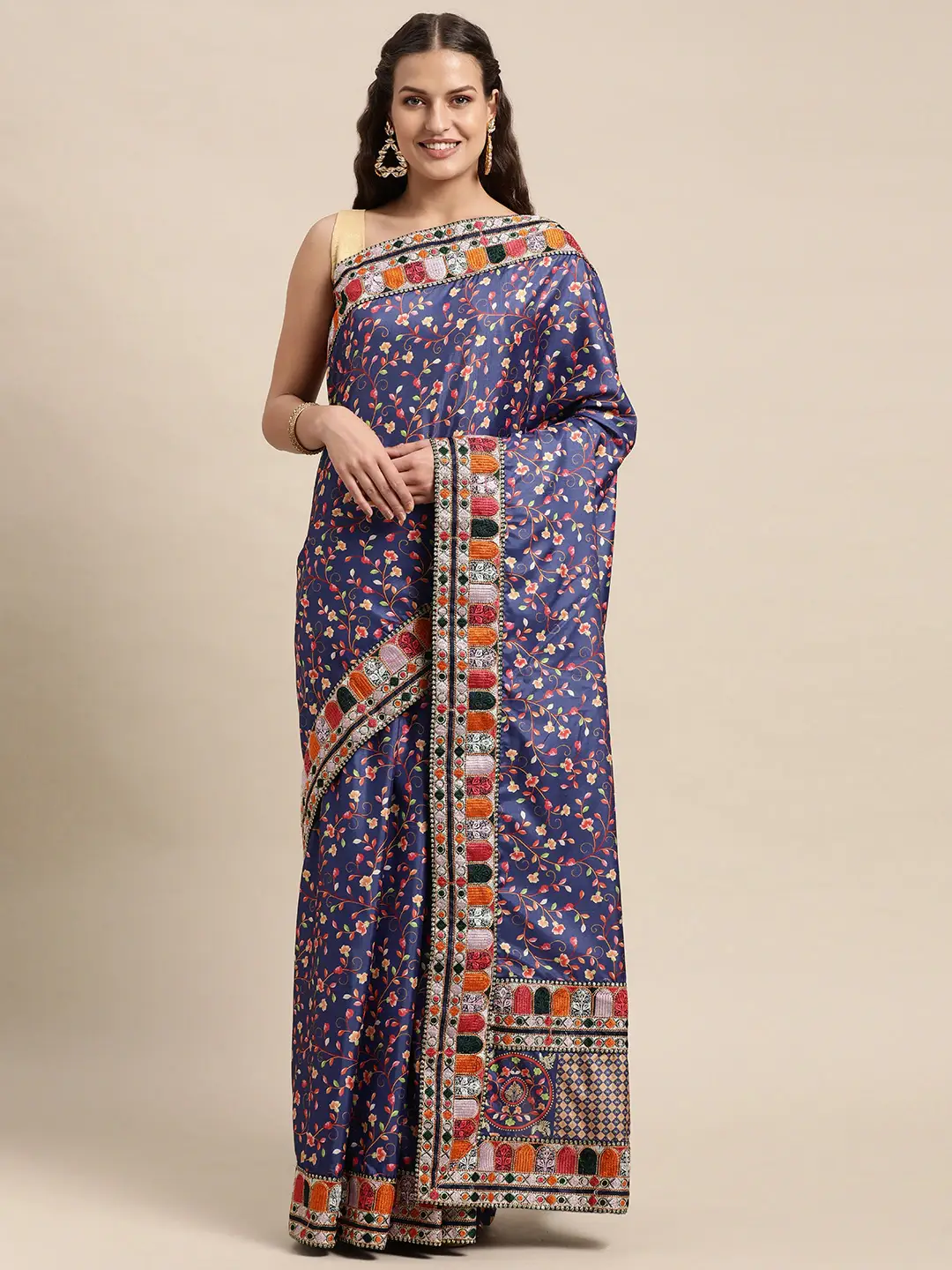 Poly Crepe Navy Colour Saree with Embroidered Border 