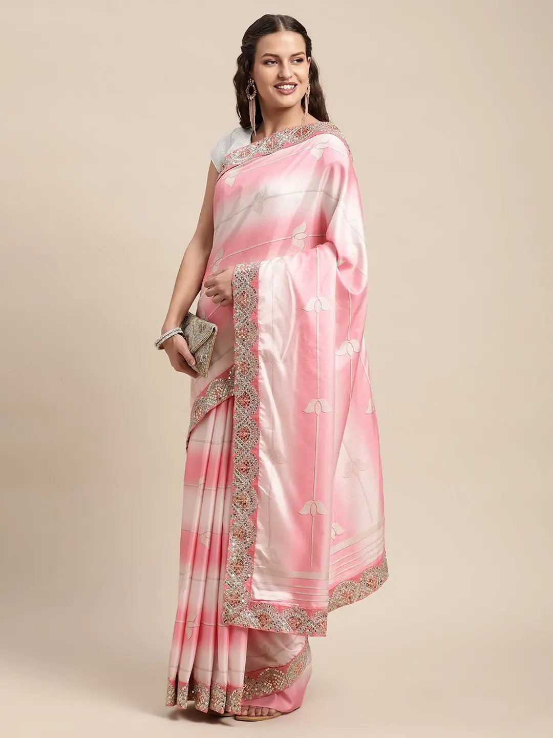 Pink Colour Gotta Patti Saree With Embroidered Border