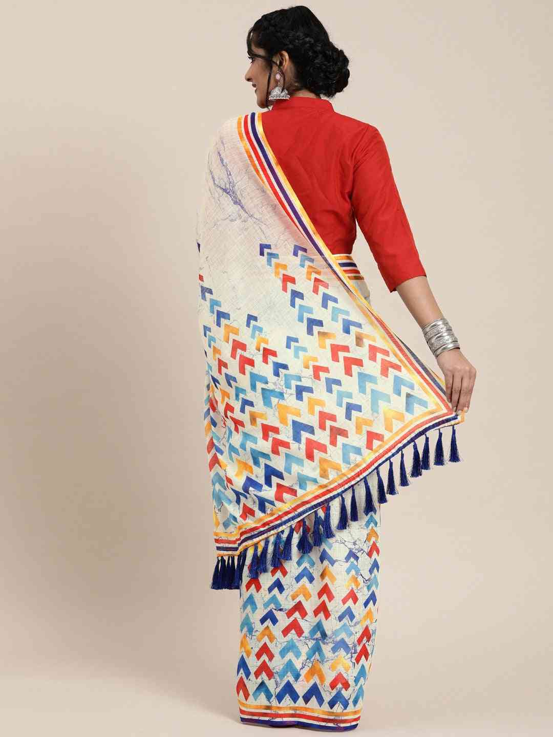 Stylish Linen Geometric Block Print Saree