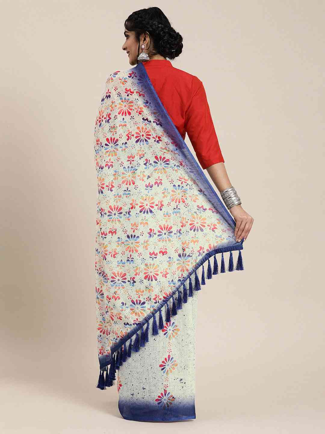 White Colour Exclusive Linen Block Print Saree