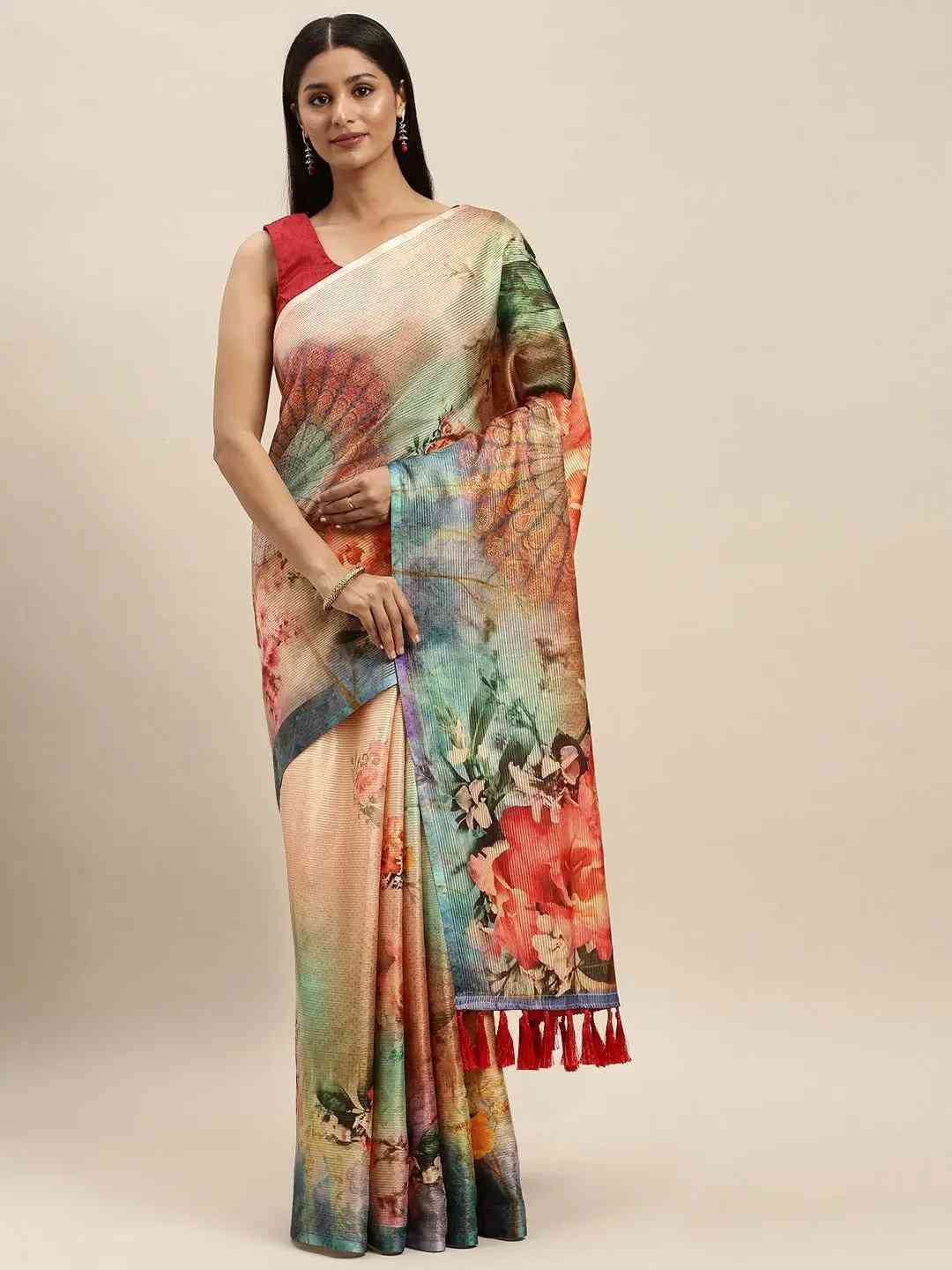 Soft Silk Zari Tissue Flower Print Design Saree 