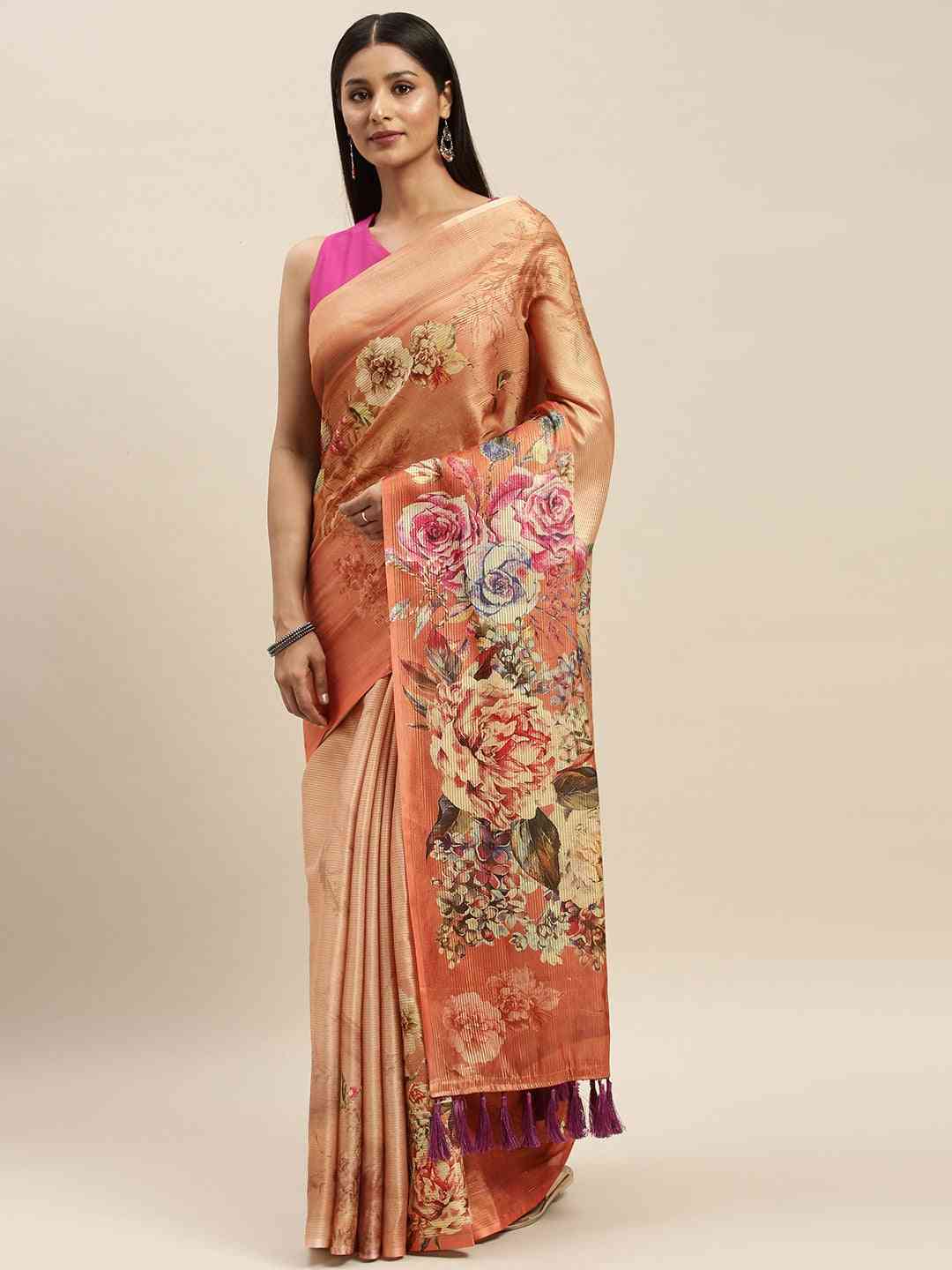 Soft Silk Zari Tissue Flower Print Design Saree 