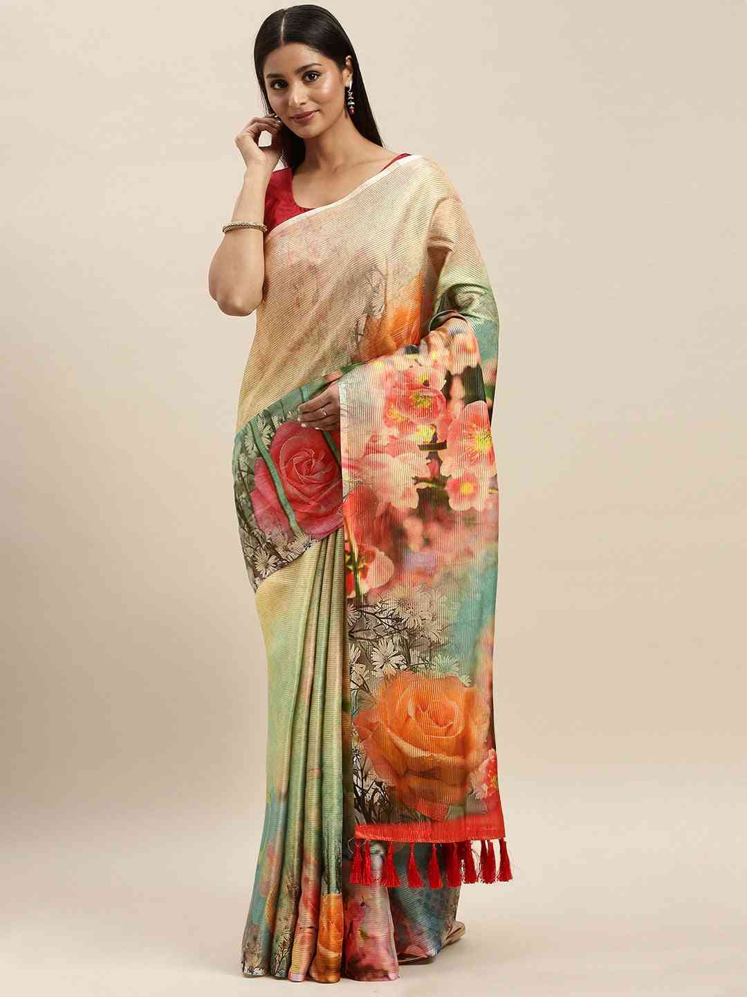 Soft Silk Zari Tissue Flower Print Design Saree 