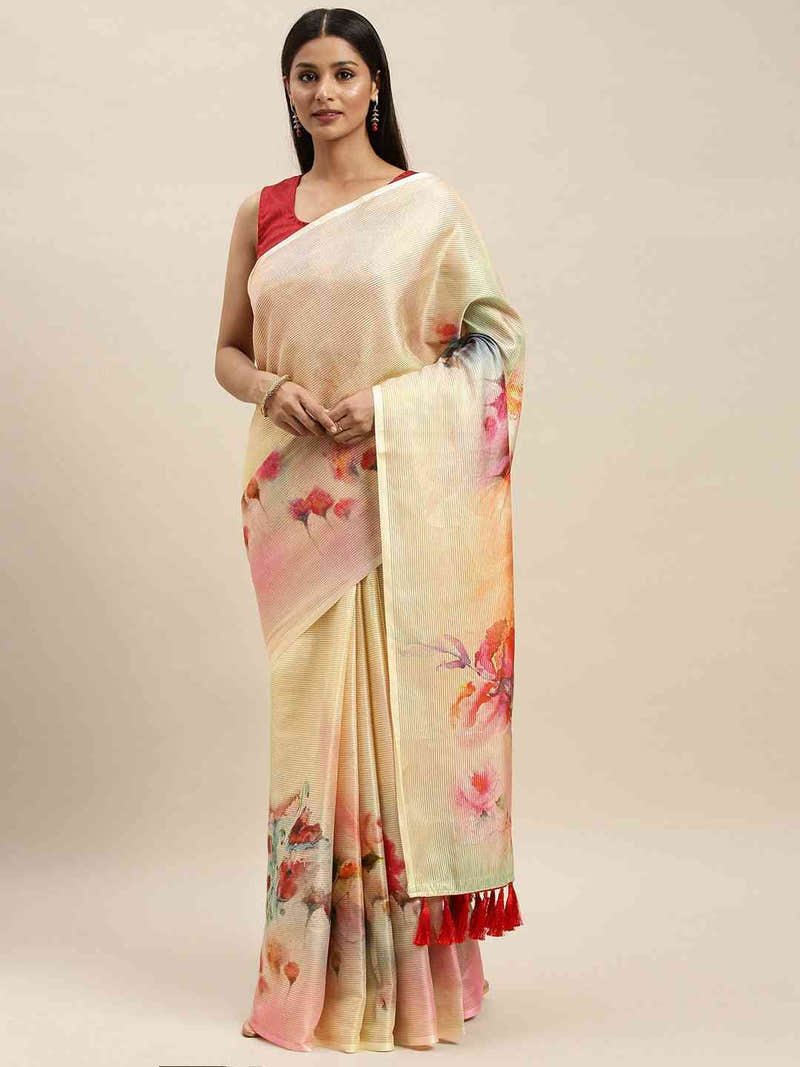 Soft Silk Zari Tissue Weaving Flower Print Design Saree