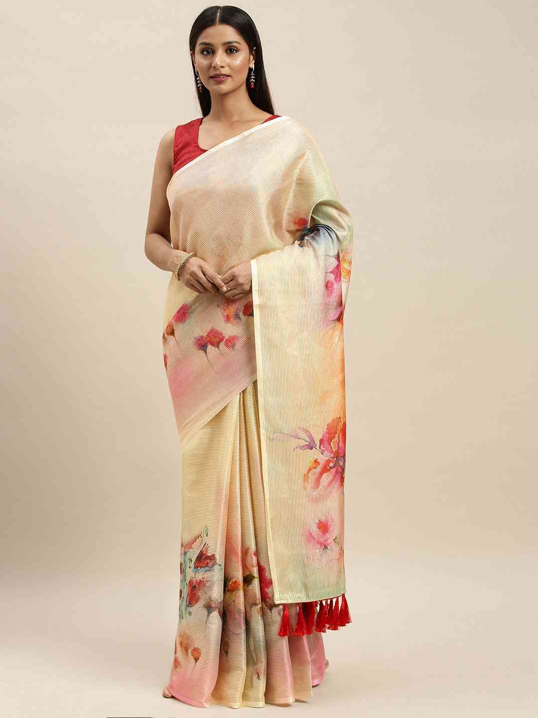 Soft Silk Zari Tissue Flower Print Design Saree 