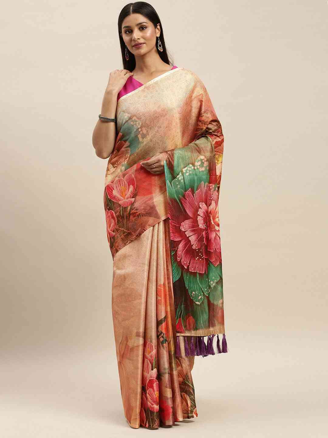 Soft Silk Zari Tissue Flower Print Design Saree 