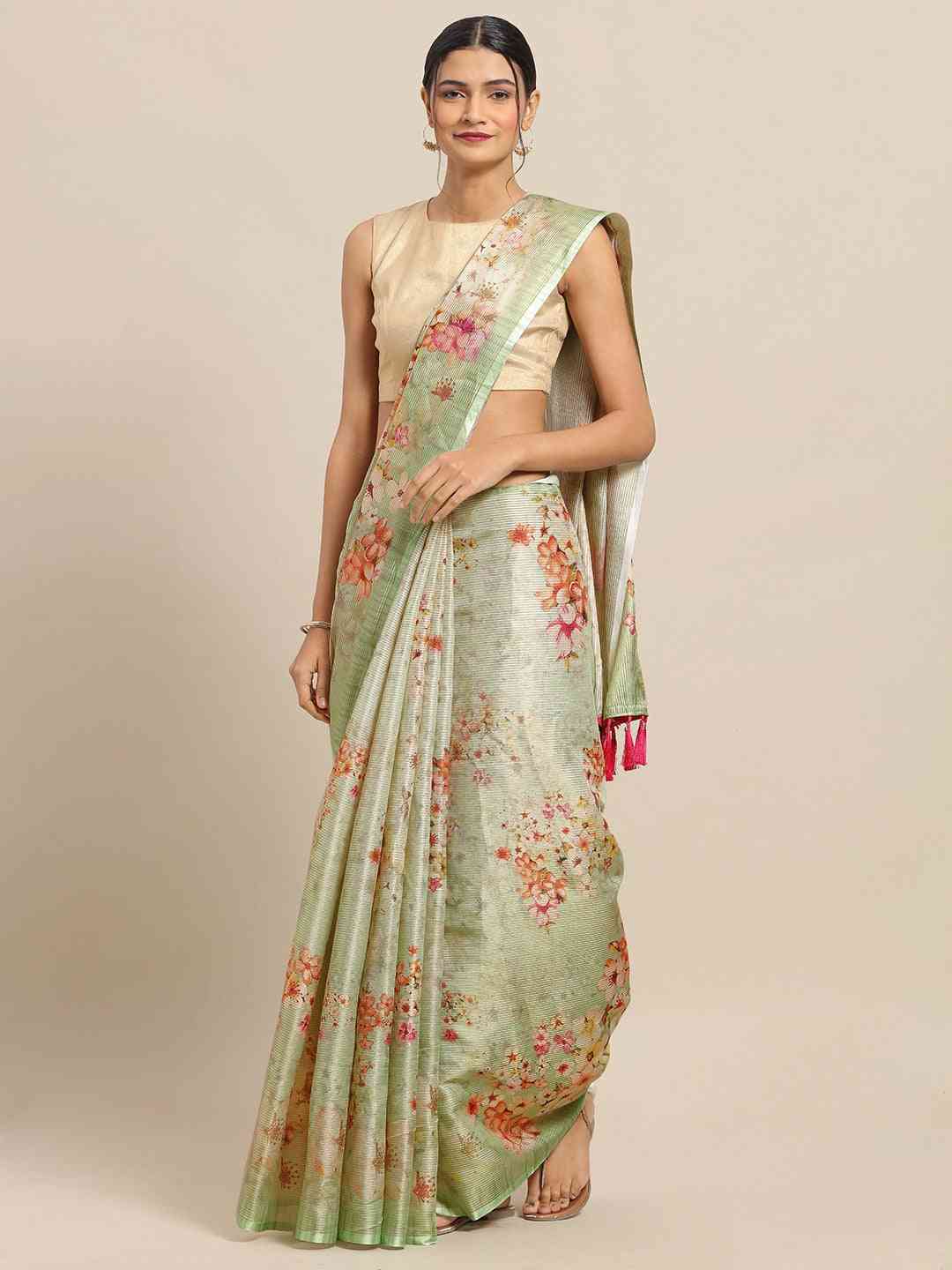 Maheshwari Floral Printed Silk Saree With Zari Work