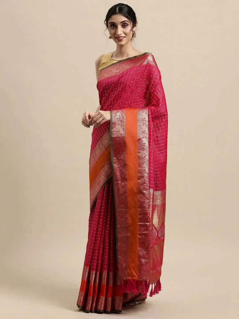 Banarasi Silk Saree with Intricate Checked Pattern and Woven Border