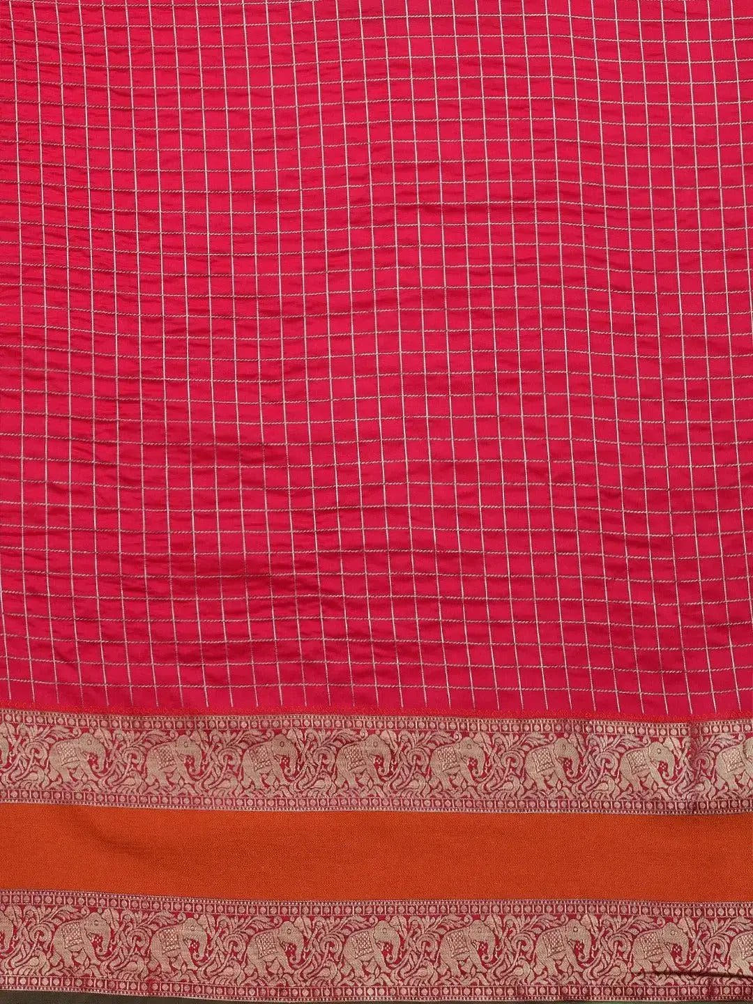 Stylish Banarasi Silk Saree with Checks and Woven Border