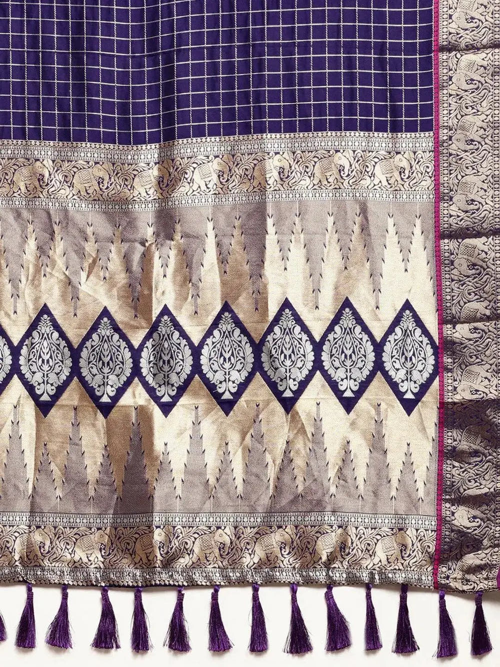  Banarasi Silk Saree with Checked Pattern & Woven Border