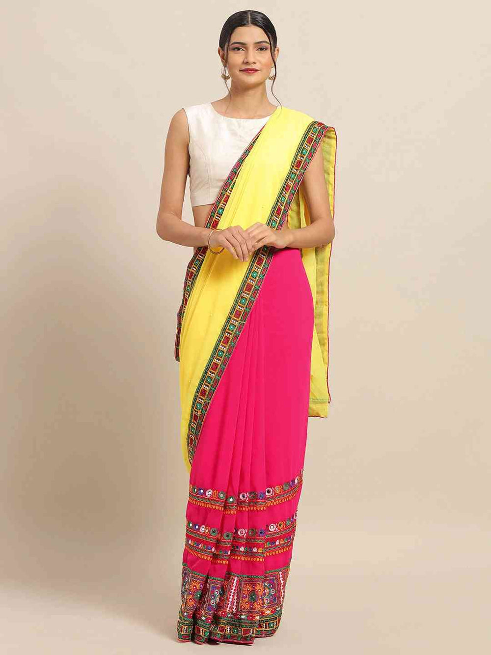 Stylish Pure Georgette Kutchi Embroidery Bandhani Saree
