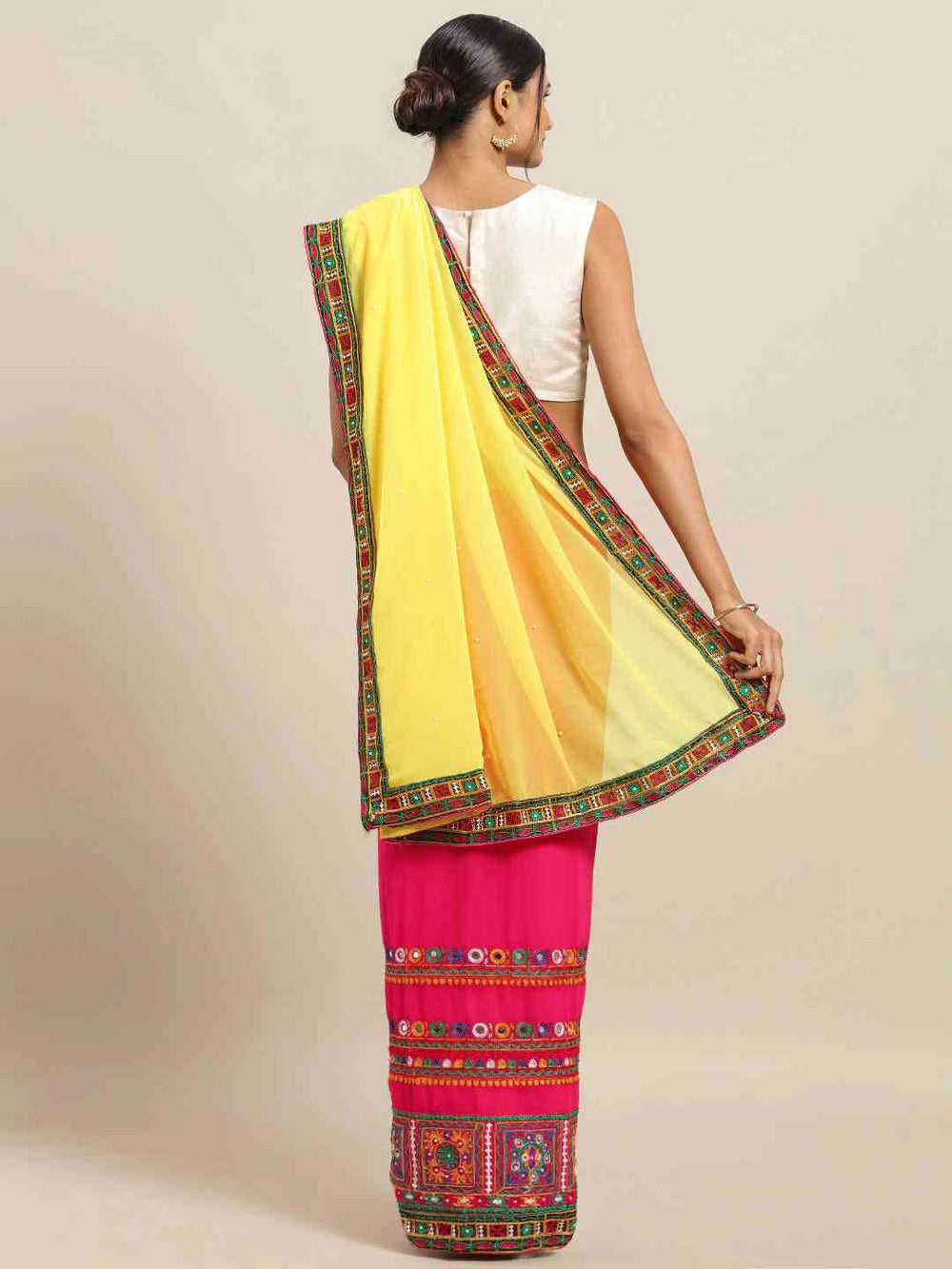 Stylish Pure Georgette Kutchi Embroidery Bandhani Saree