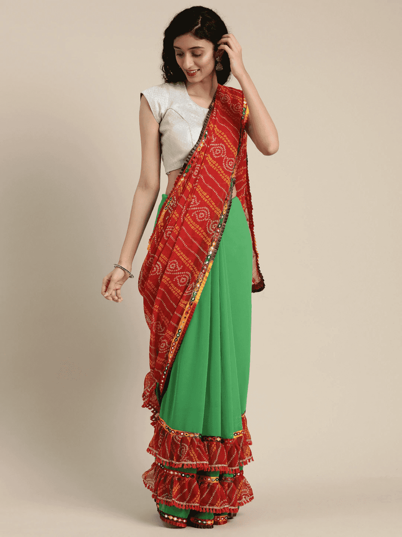 Georgette Green Colour Saree With Mirror Work & Bandhani Print