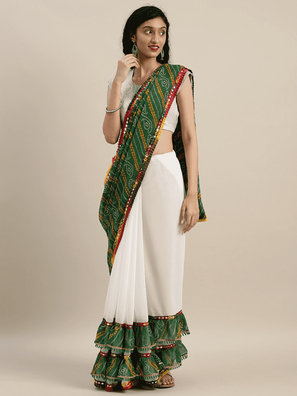 Latest Pure Georgette Embroidered Mirror Work Bandhani Saree