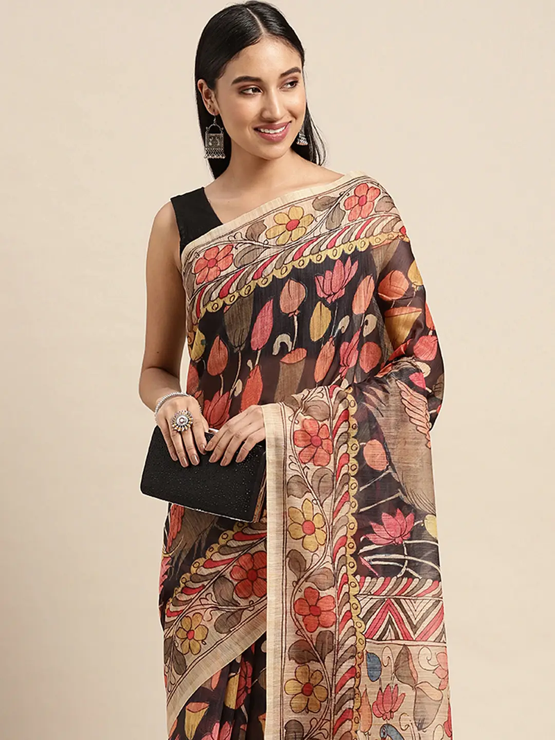 Beautiful Digital Print Kalamkari Design Soft Linen Saree