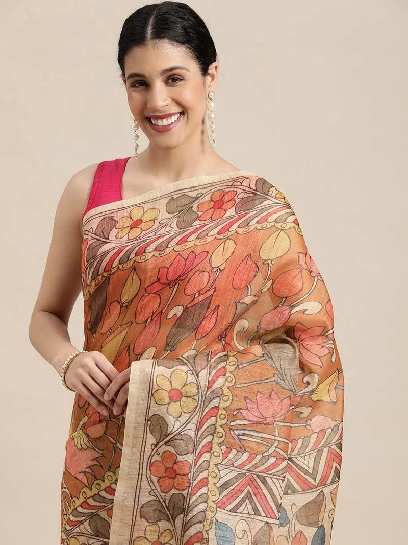 Beautiful Digital Print Kalamkari Design Soft Linen Saree