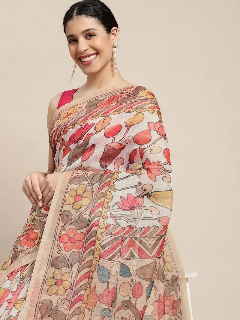 Beautiful Digital Print Kalamkari Design Soft Linen Saree