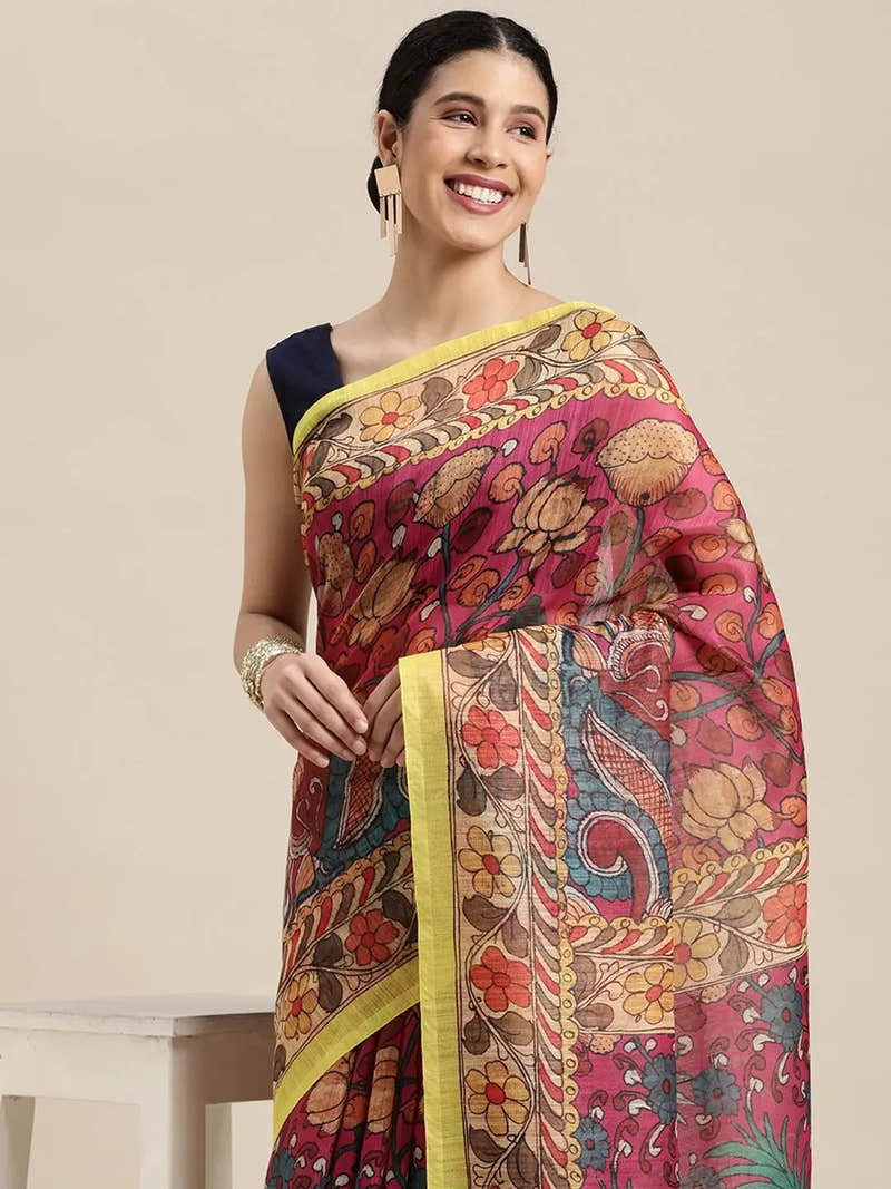 Beautiful Digital Print Kalamkari Design Soft Linen Saree