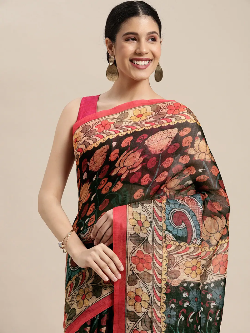 Beautiful Digital Print Kalamkari Design Soft Linen Saree