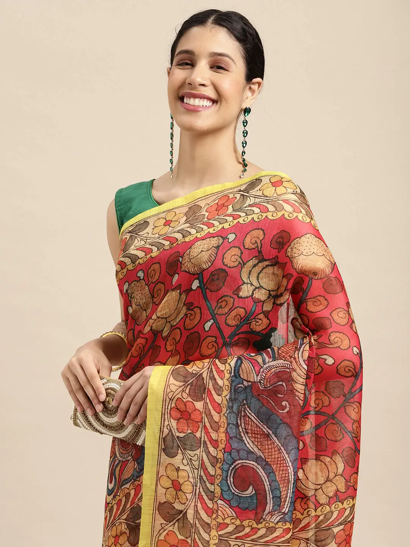 Beautiful Digital Print Kalamkari Design Soft Linen Saree
