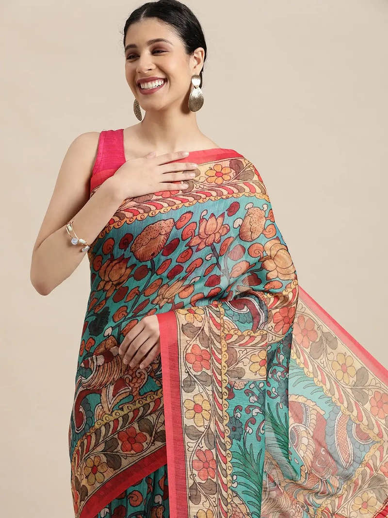 Beautiful Digital Print Kalamkari Design Soft Linen Saree