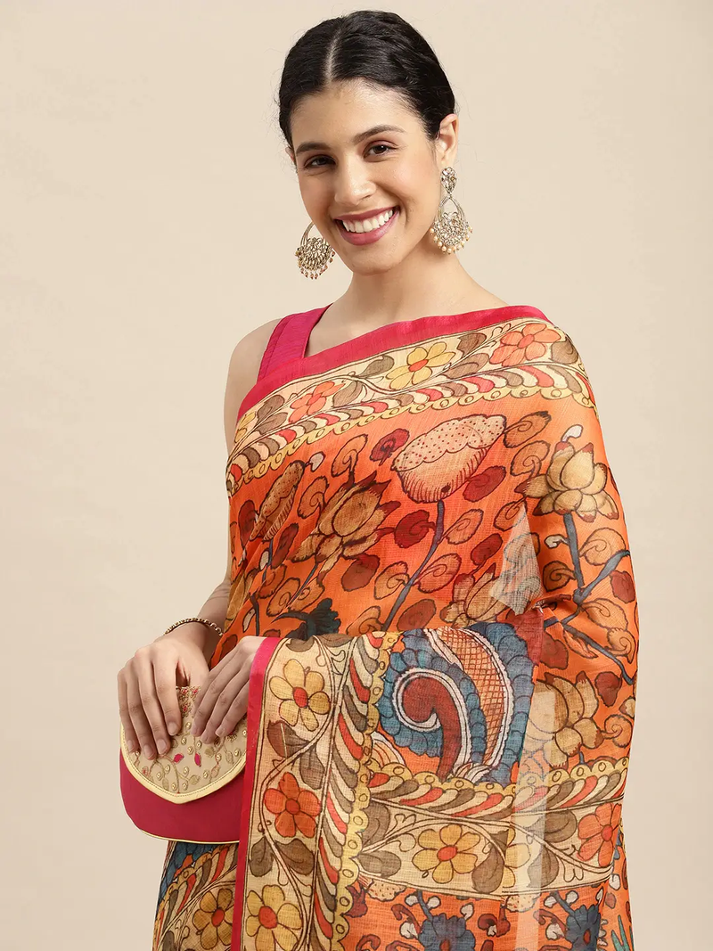Beautiful Digital Print Kalamkari Design Soft Linen Saree