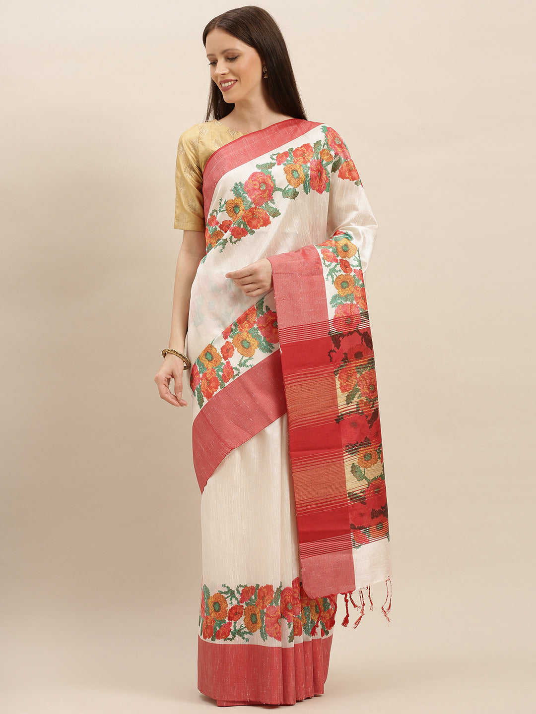  Beautiful Solid Floral Print Silk Saree
