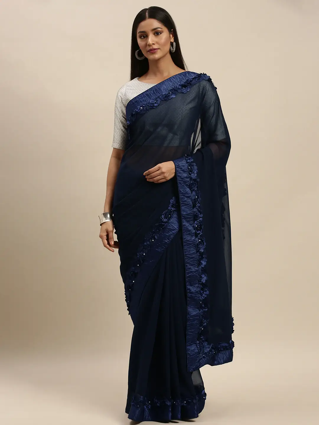 Ribbon Embroidered Poly Georgette Saree