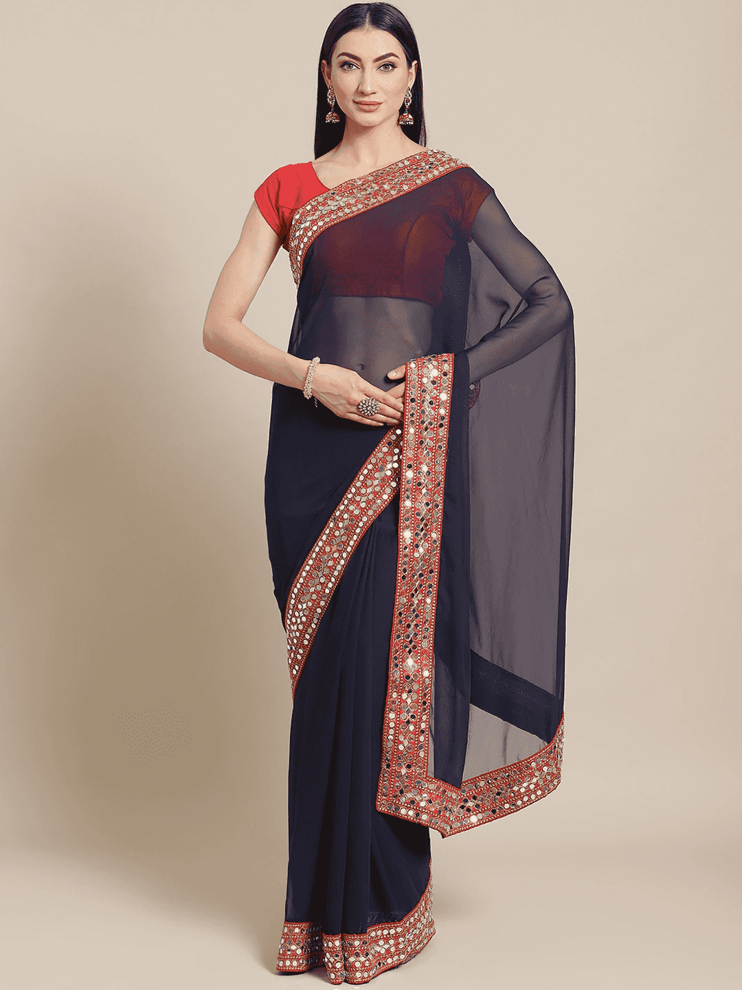 Soft Georgette With Mirror Work Border