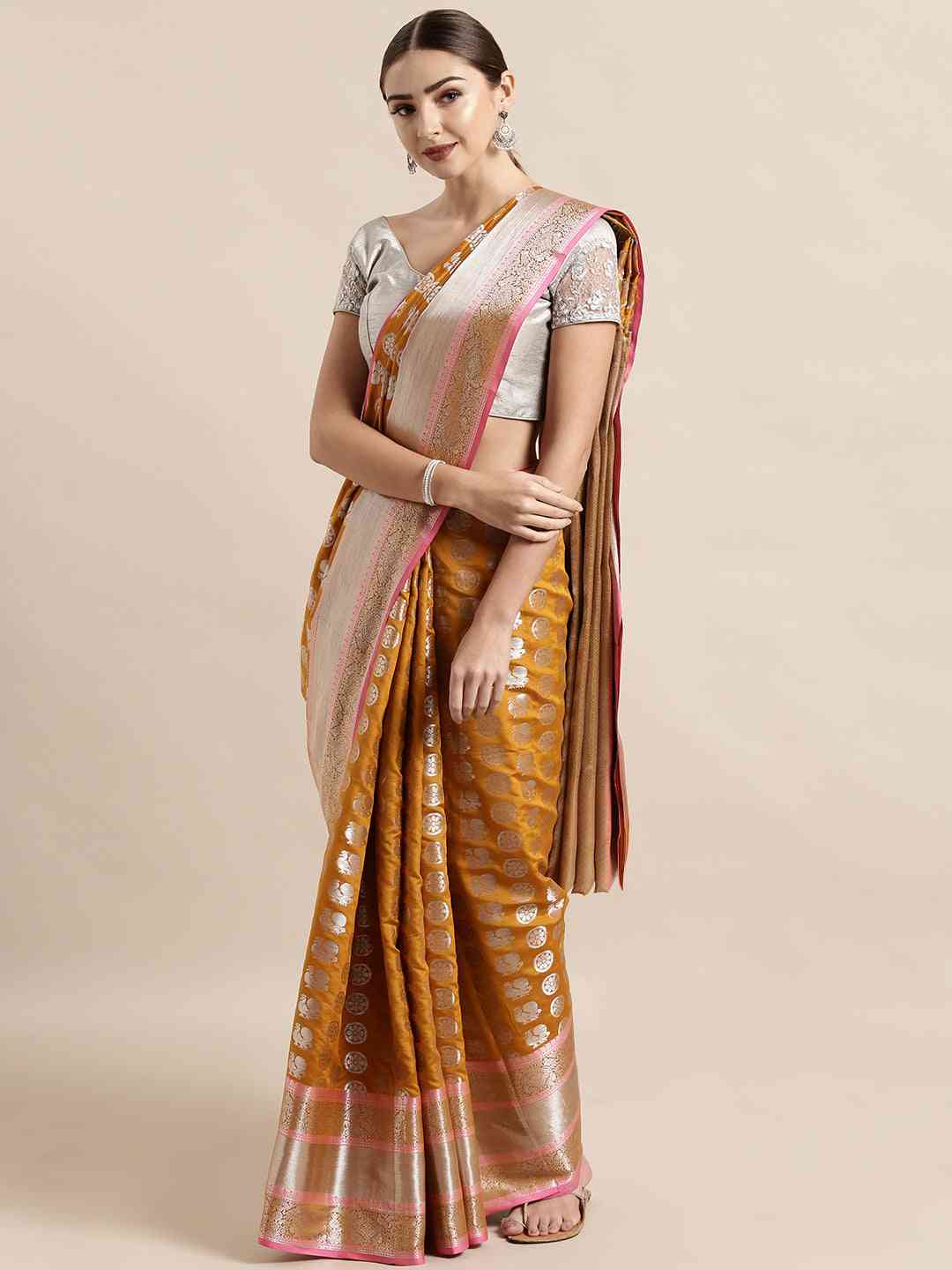 Mustard Colour Kanjivaram Zari Silk Saree with Ethnic Motifs