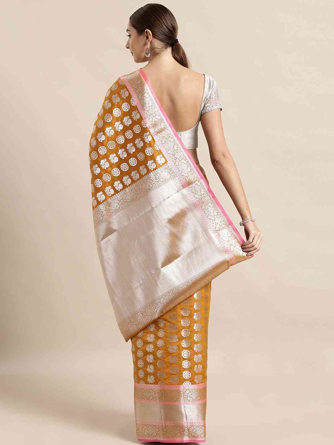 Mustard Colour Kanjivaram Zari Silk Saree with Ethnic Motifs