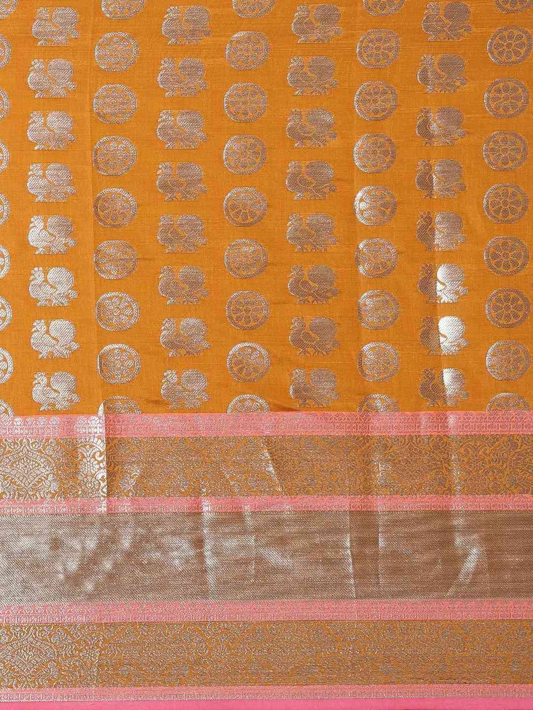 Mustard Colour Kanjivaram Zari Silk Saree with Ethnic Motifs