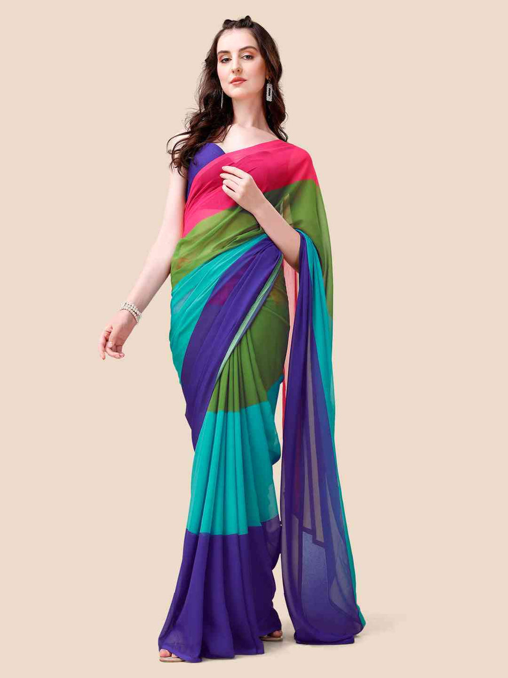 Model wearing colorful ombre saree with elegant drape