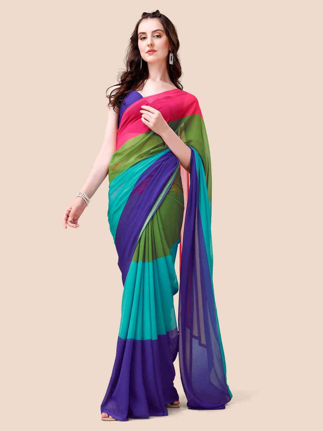 Model wearing colorful ombre saree with elegant drape