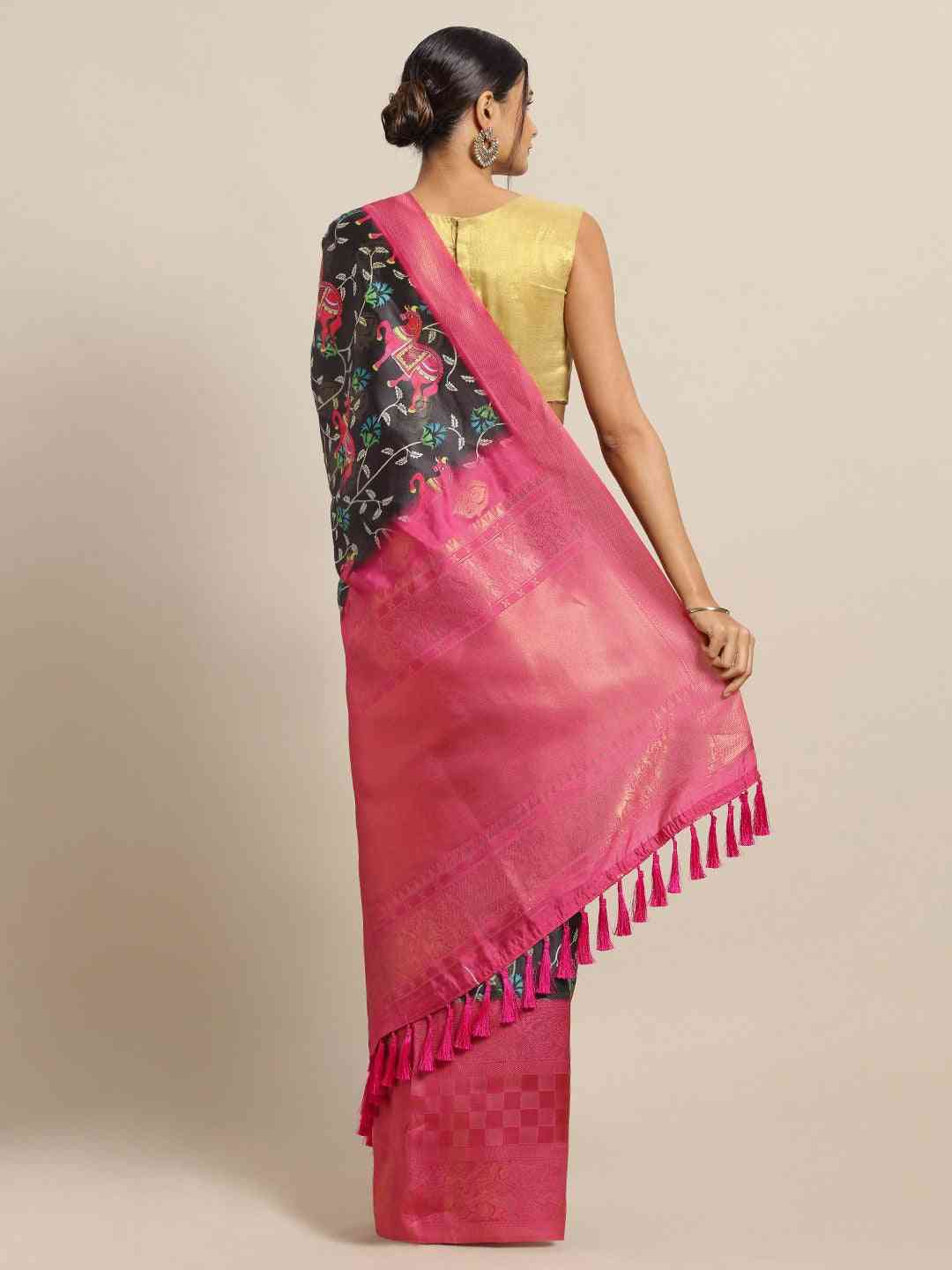 Black Colour Banarasi Silk Saree With Ethnic Motifs Work
