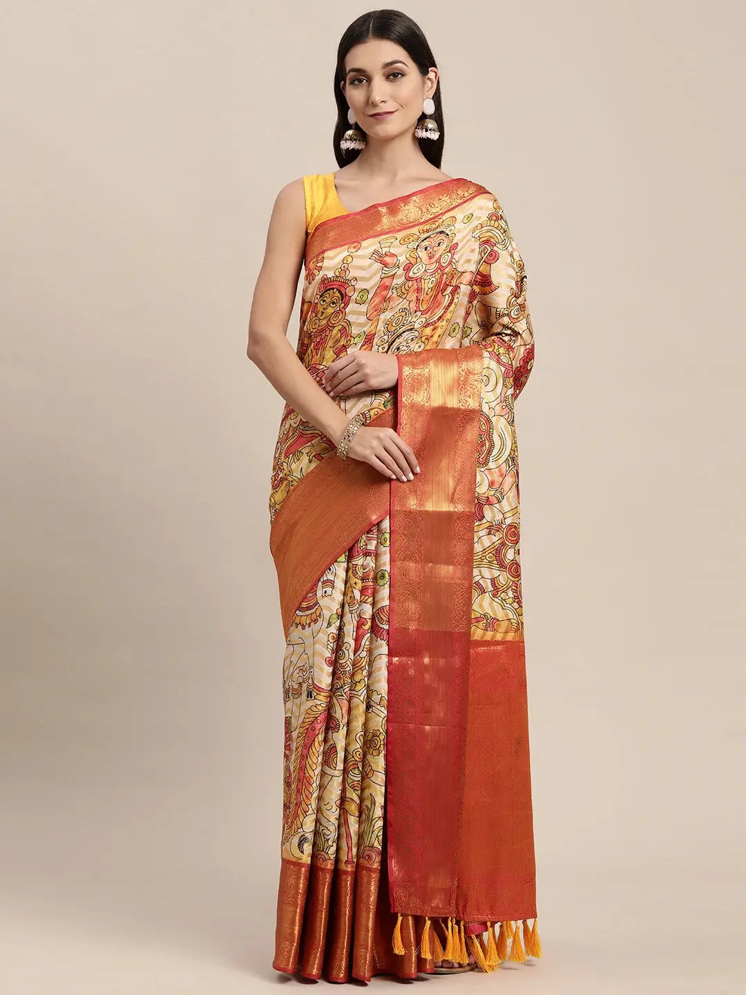  Designer Kalamkari Print Pattu Banarasi Silk Saree 