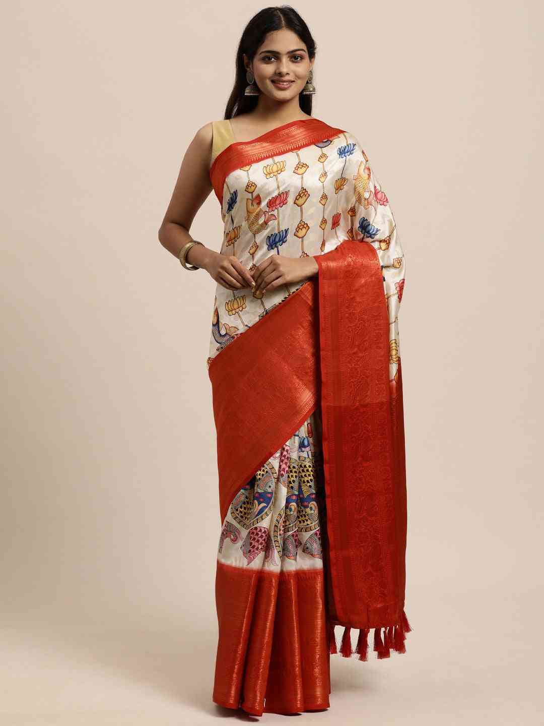 Kalamkari Zari Work Silk Blend Kanjivaram Saree 