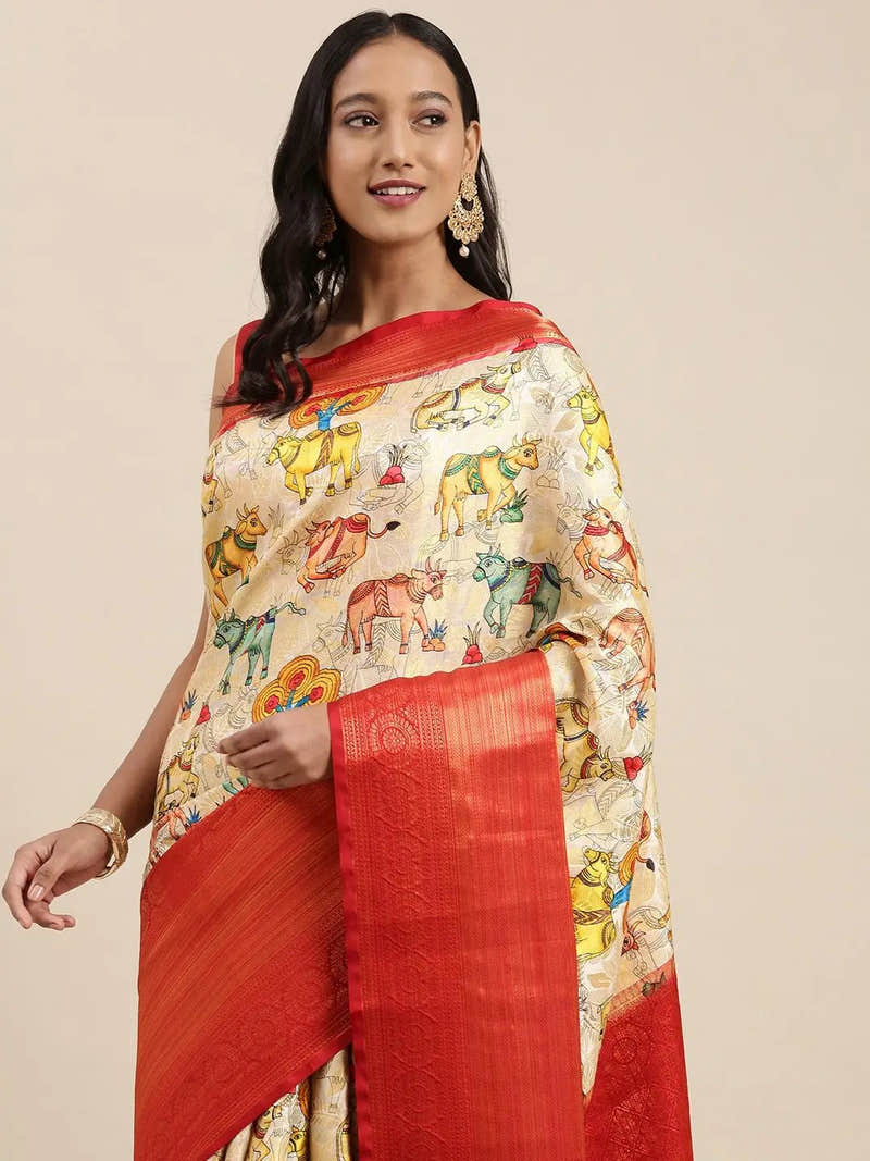 Beige Colour Digital Kalamkari Print Pattu Banarasi Silk Saree