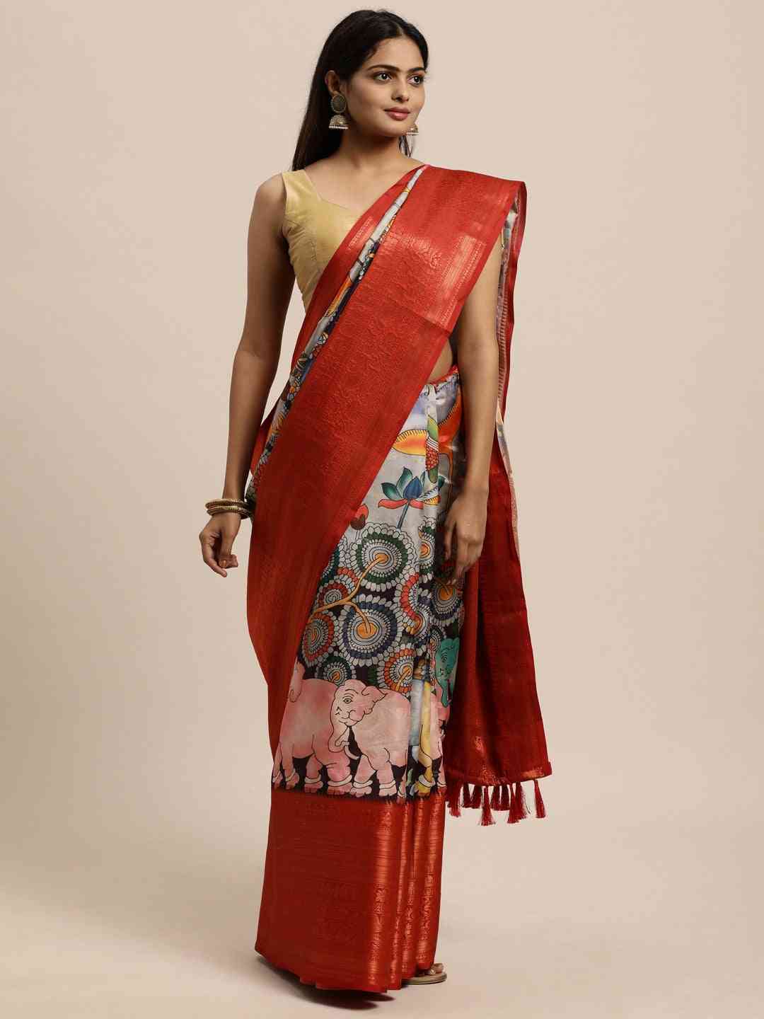 Kalamkari Zari Work Silk Blend Kanjivaram Sarees 