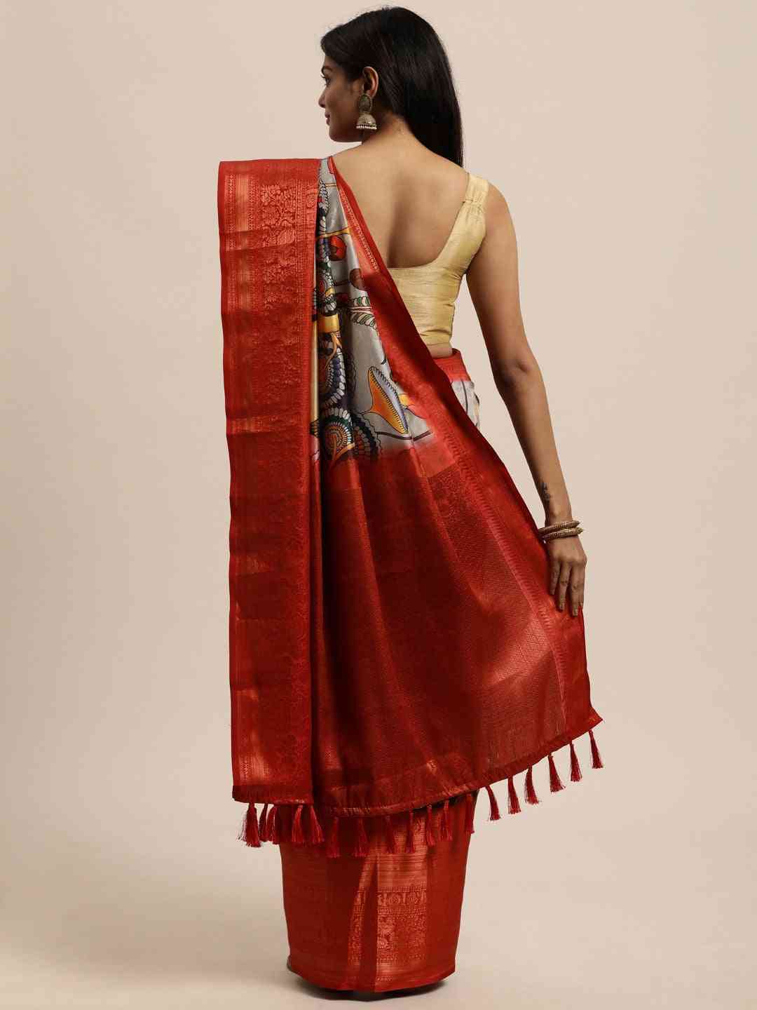 Kalamkari Zari Work Silk Blend Kanjivaram Sarees 
